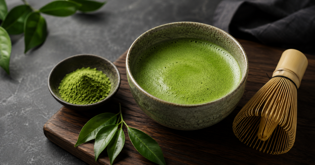 Skål med vispad matcha, matchapulver, teblad och traditionell bambuvisp