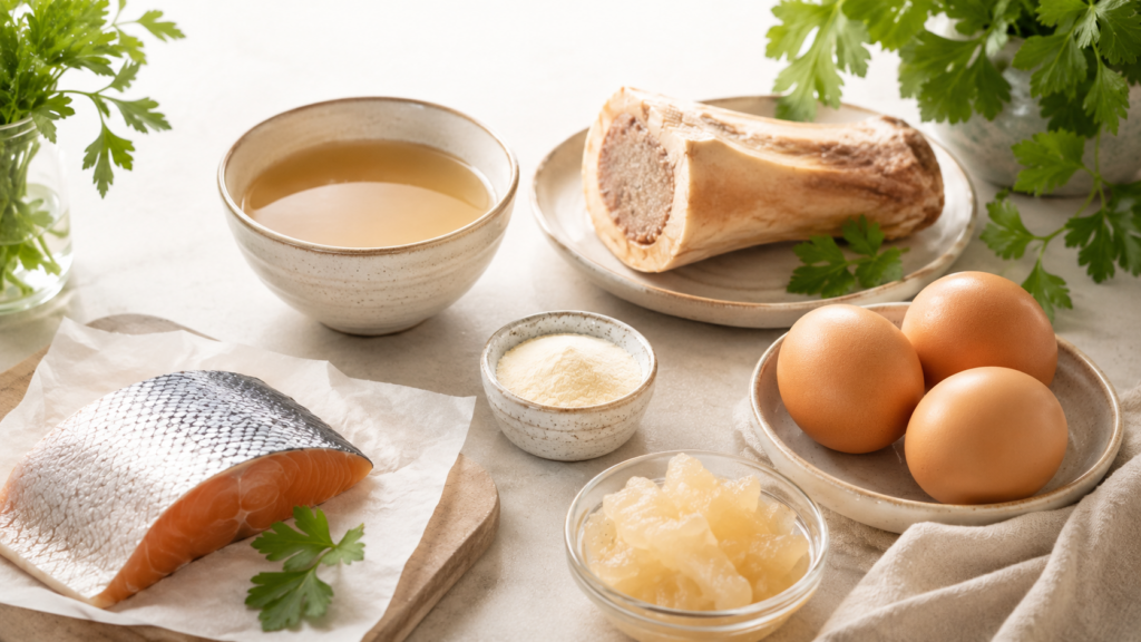 Buljong, fisk, ägg, ben och kollagenpulver som exempel på källor till kollagen och protein