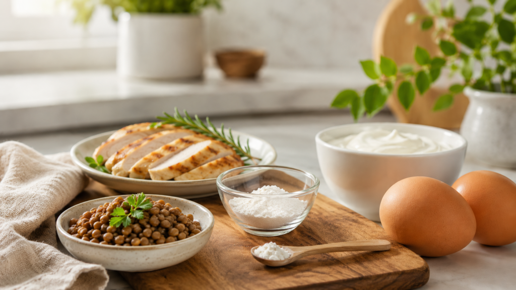 Proteinrika livsmedel och en liten skål med glutamin som illustrerar glutamin i GO100